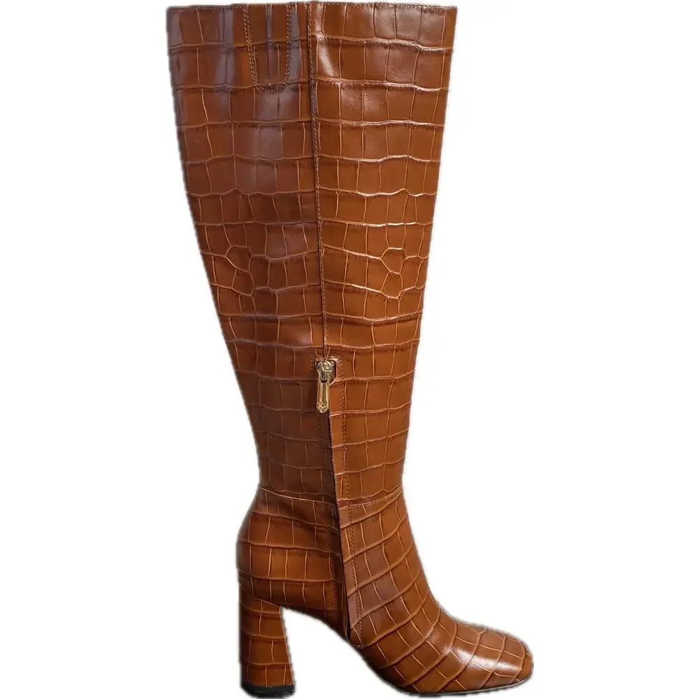 NEW SAM EDELMAN Clarem Leather Croc Embossed High Block Heeled Tall Boots SZ 6.5 - Picture 10 of 13